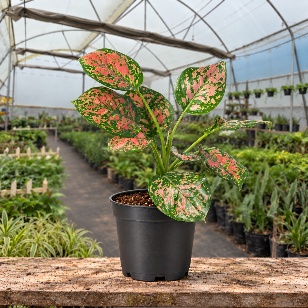Aglaonema Red Valentine in nursery pot — Indian polyhouse nursery view