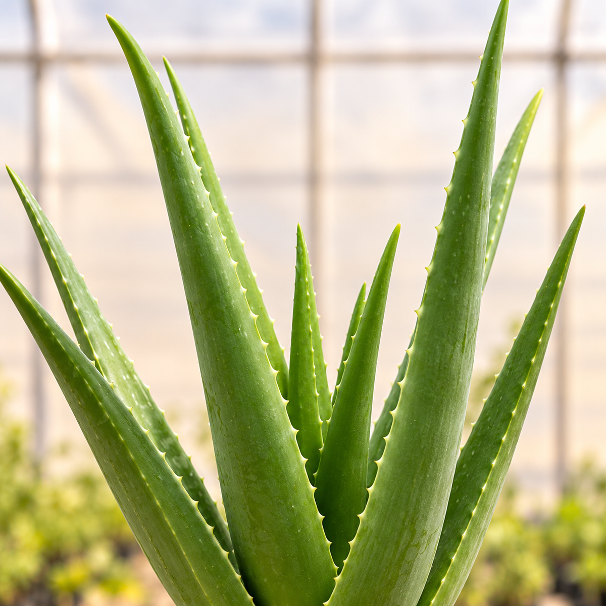 Aloe vera plant leaf close-up view with light polyhouse background