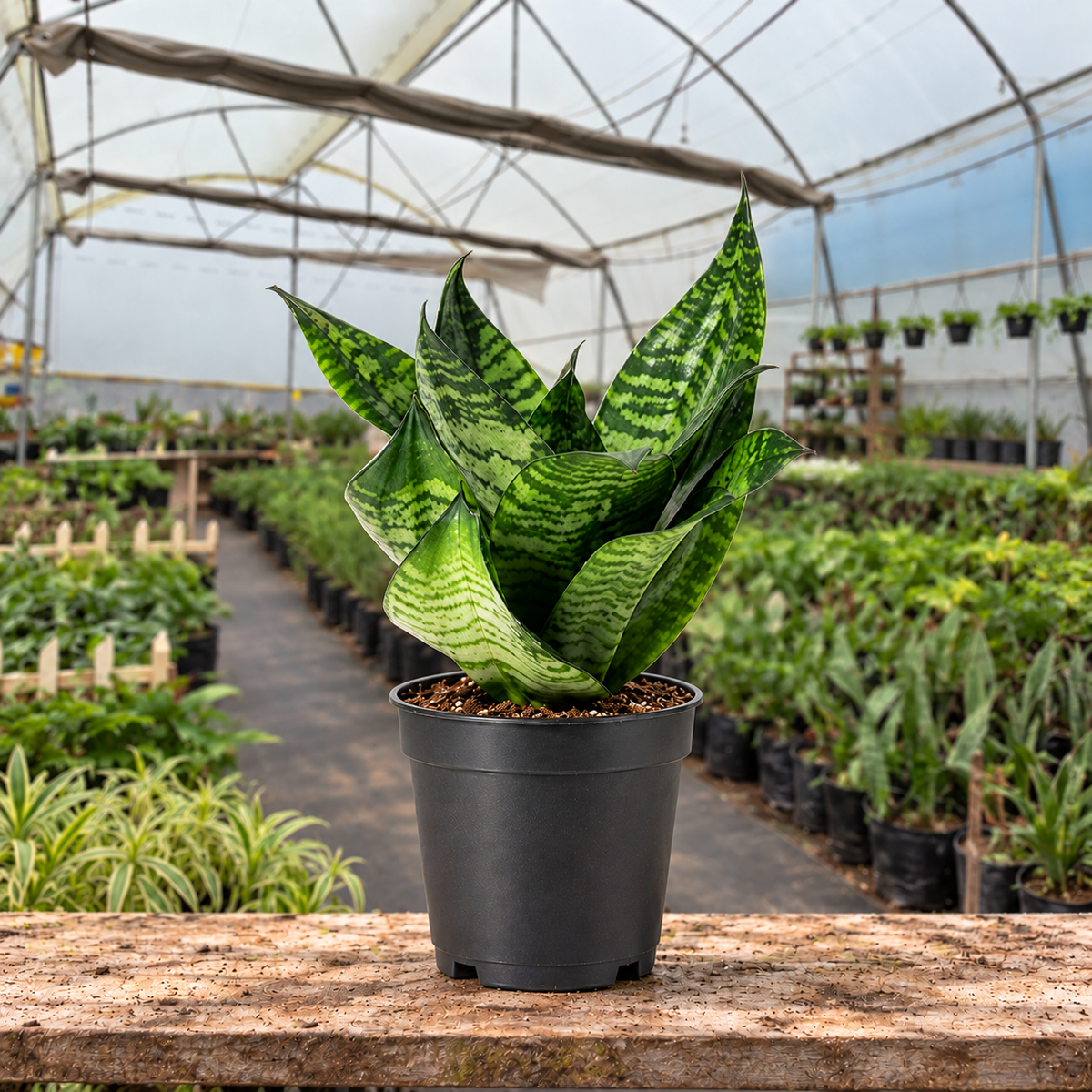 Bird's Nest Snake Plant in nursery pot — Indian polyhouse nursery view