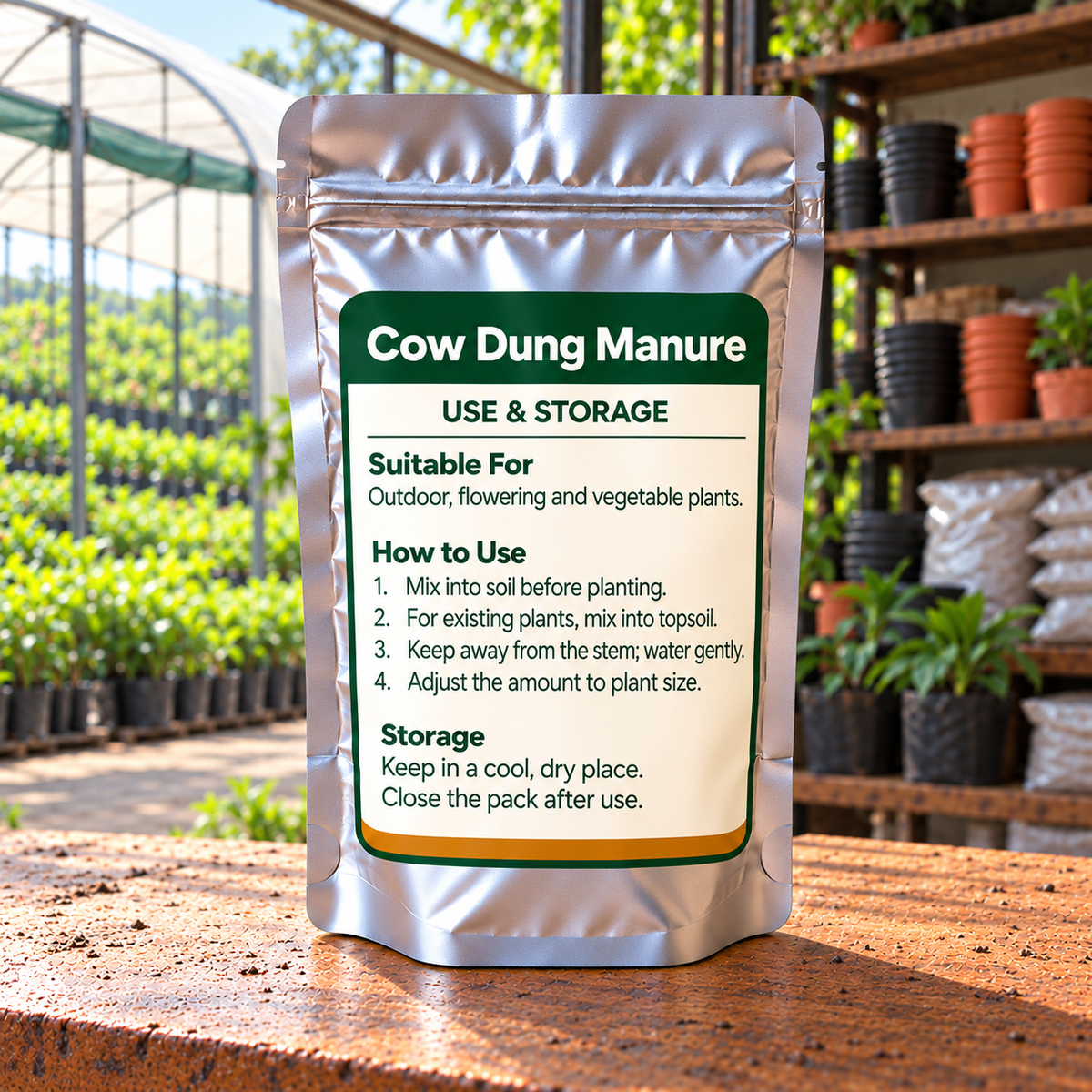 Cow Dung Manure silver pouch back in local nursery