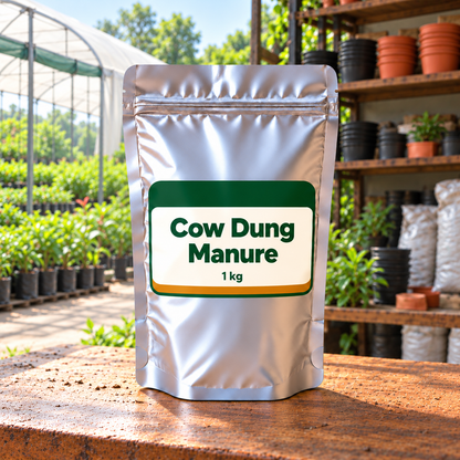 Cow Dung Manure silver pouch front in local nursery