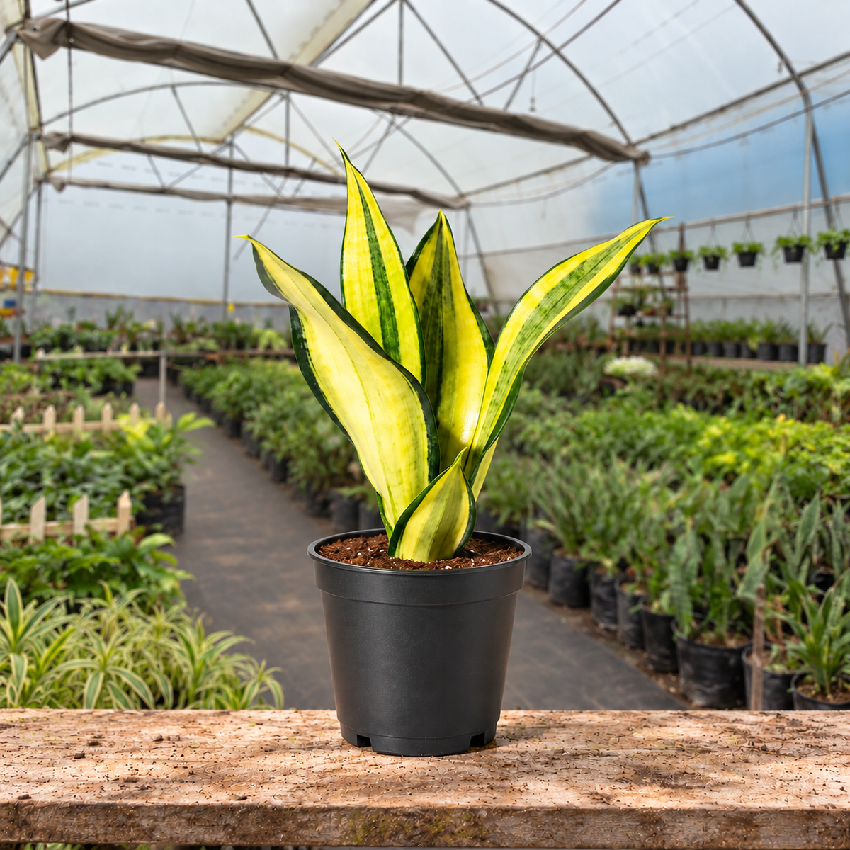 Gold Crown Snake Plant in nursery pot — Indian polyhouse nursery view