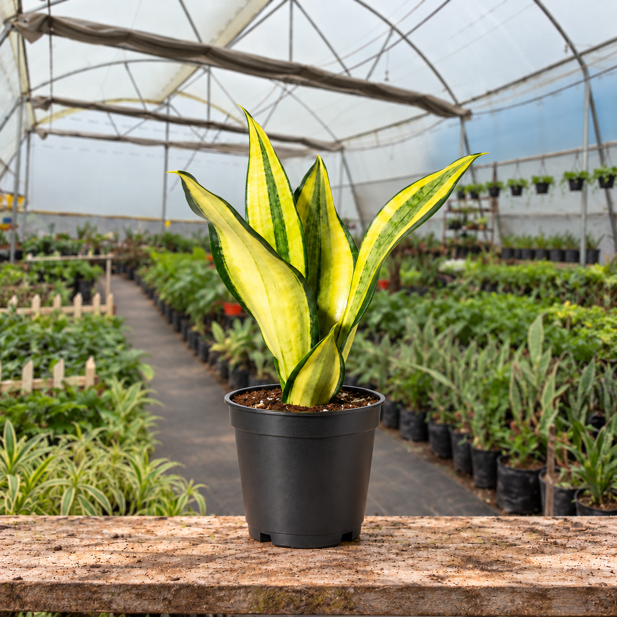 Gold Crown Snake Plant in nursery pot — Indian polyhouse nursery view