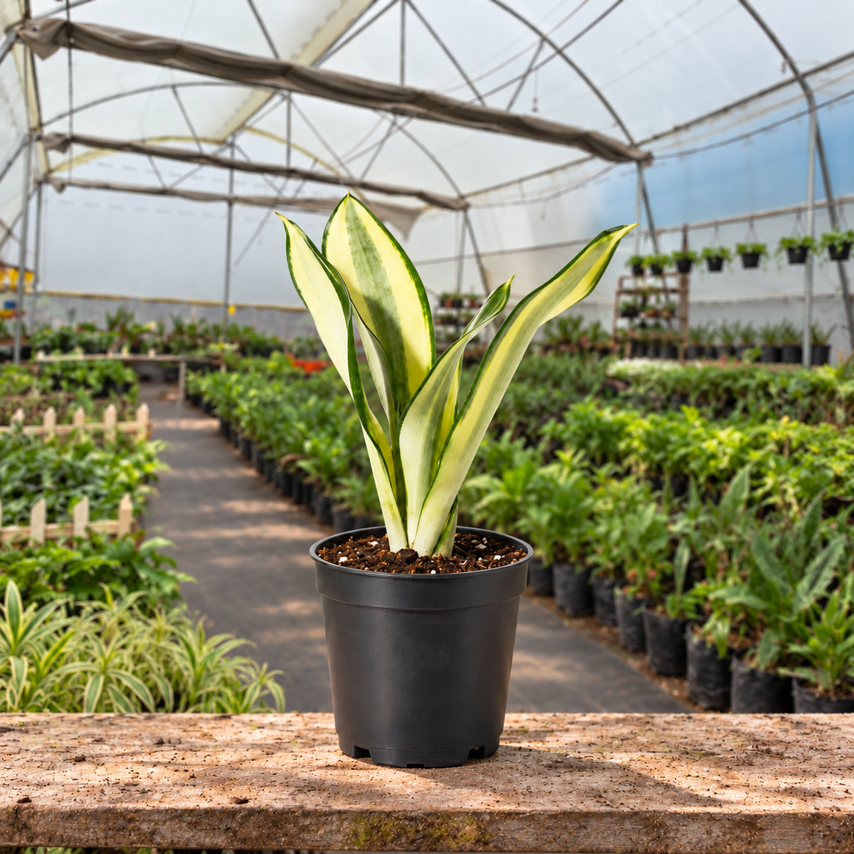 Green Ghost Snake Plant in nursery pot — Indian polyhouse nursery view