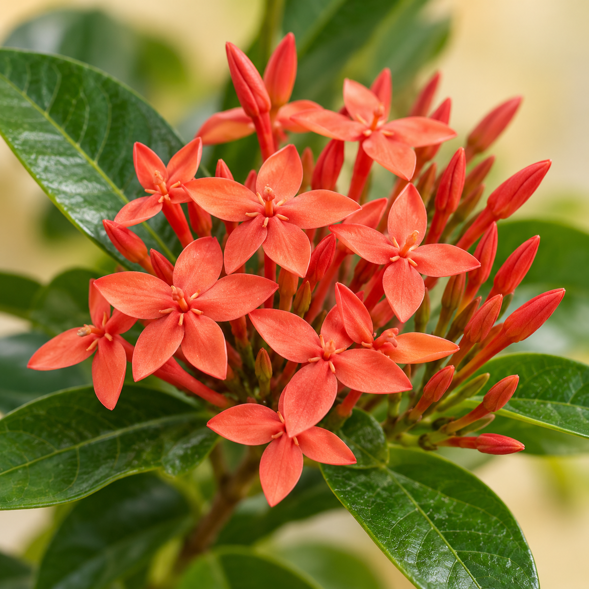 Ixora mini red flower cluster, buds and glossy leaves close-up