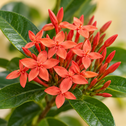 Ixora mini red flower cluster, buds and glossy leaves close-up