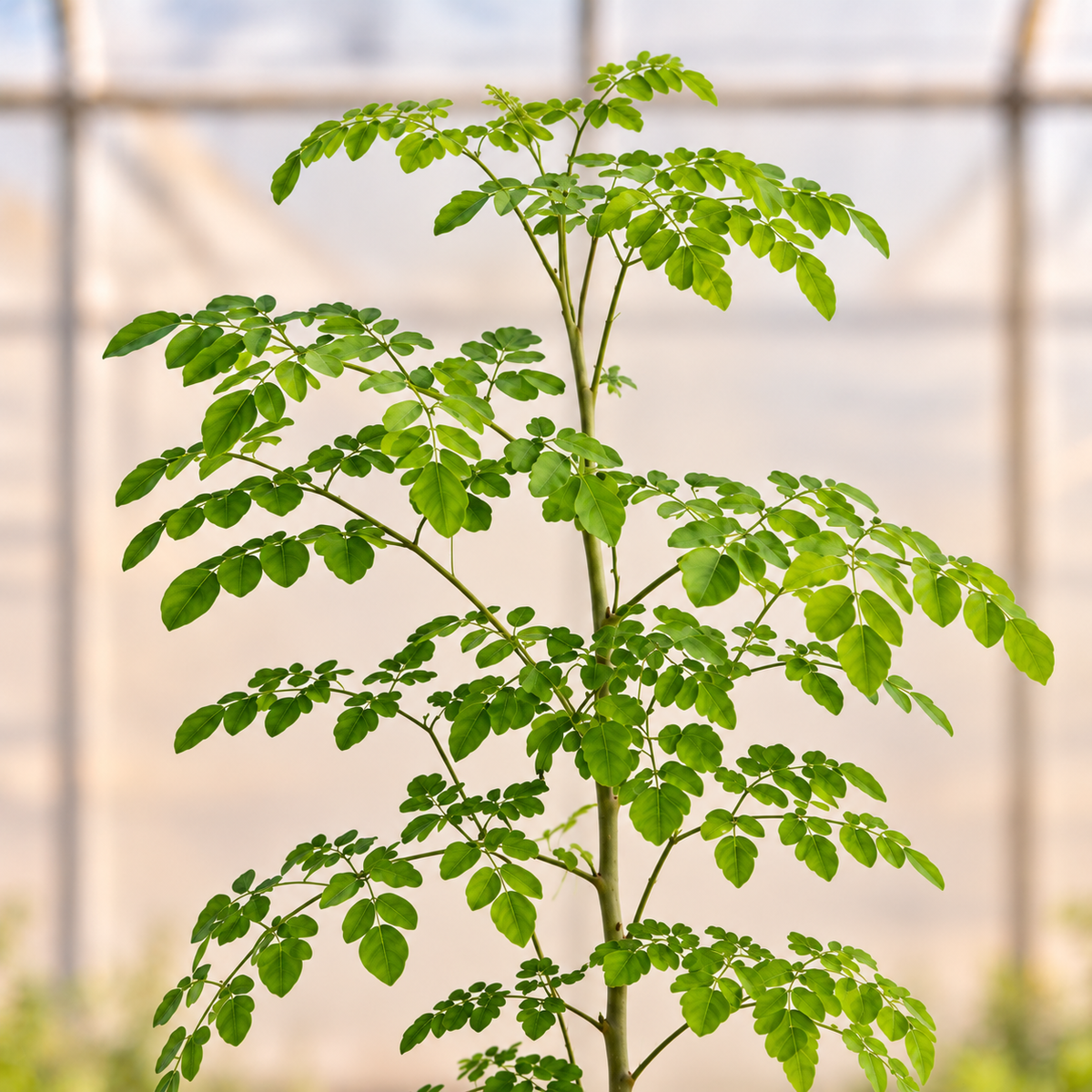 Moringa plant foliage view with light polyhouse background