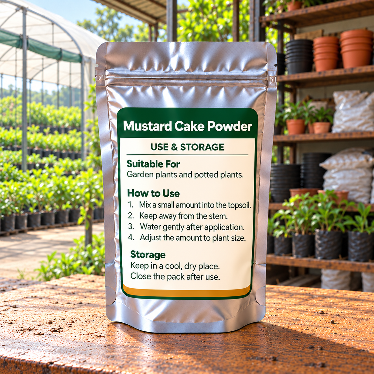 Mustard Cake Powder silver pouch back in local nursery