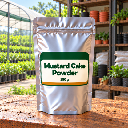 Mustard Cake Powder silver pouch front in local nursery