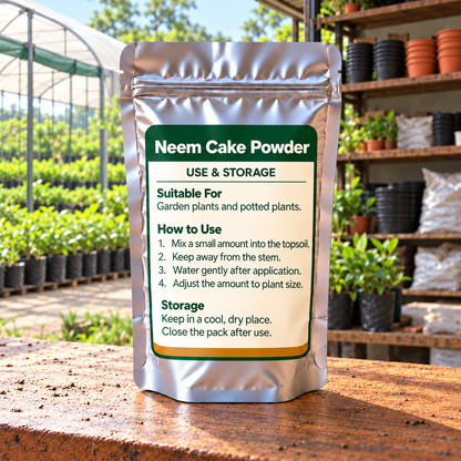 Neem Cake Powder silver pouch back in local nursery