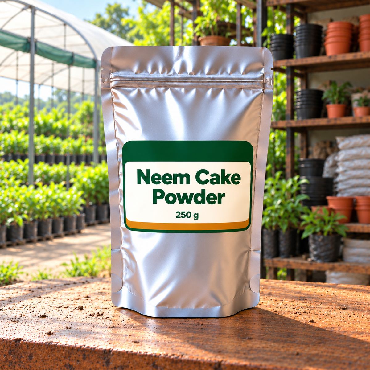 Neem Cake Powder silver pouch front in local nursery