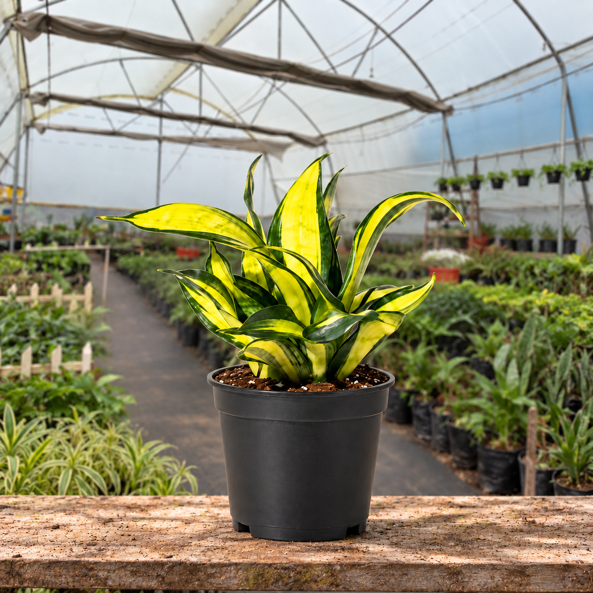 Spiral Star Snake Plant in nursery pot — Indian polyhouse nursery view