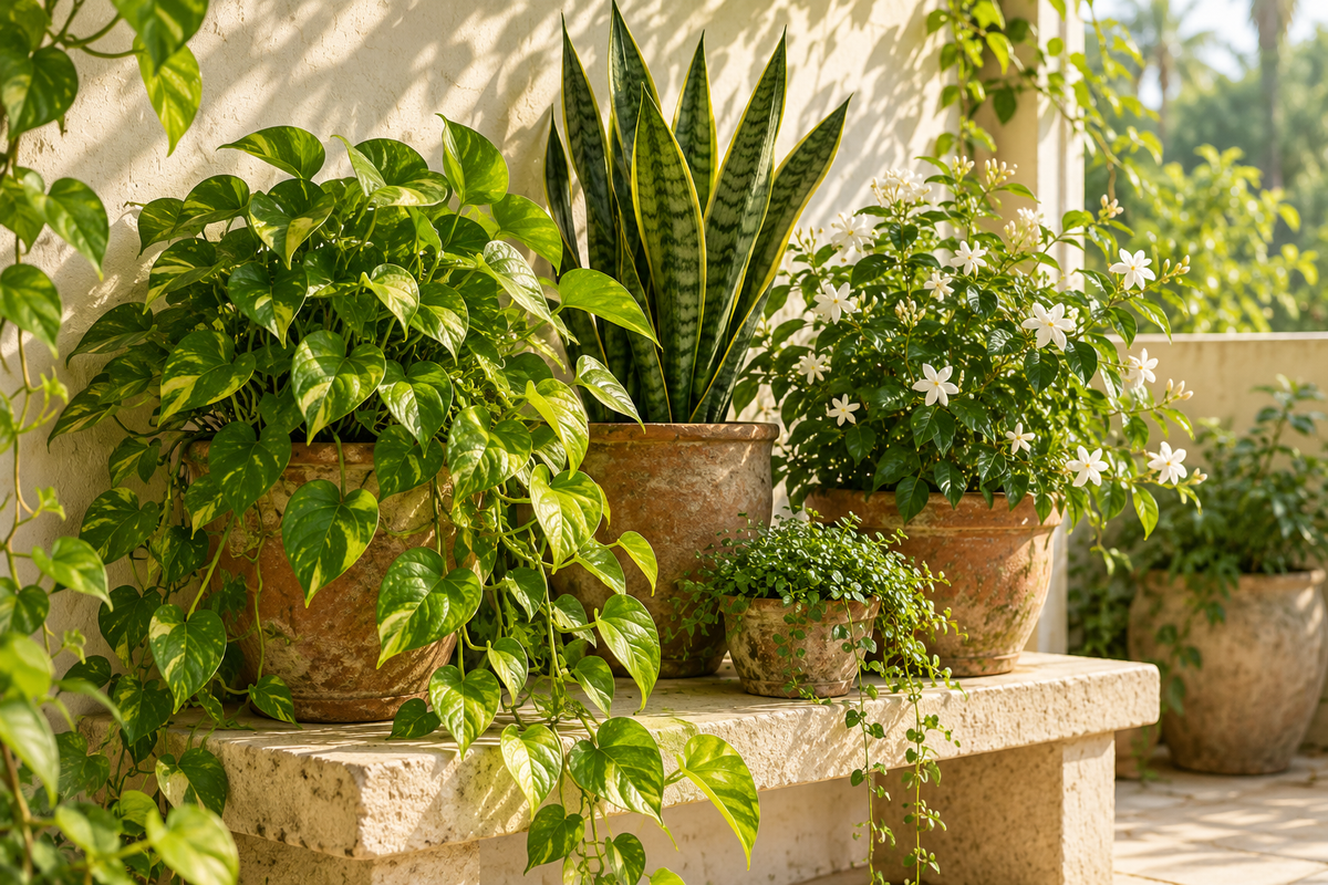 Illustrative sunlit balcony garden with lush plants in terracotta pots