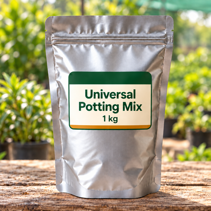 Universal Potting Mix 1 kg silver pack front in nursery