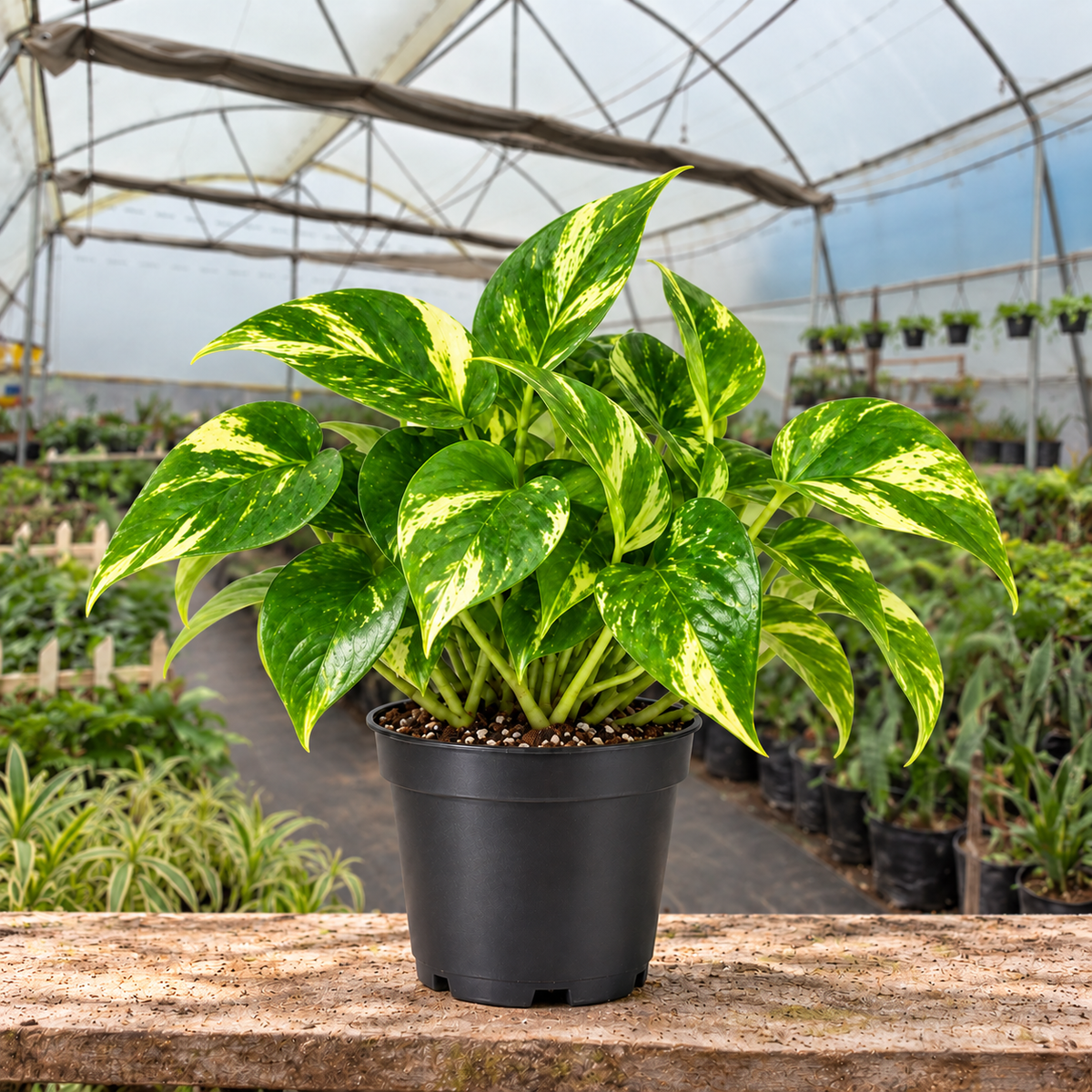 Variegated Money Plant in nursery pot — Indian polyhouse nursery view