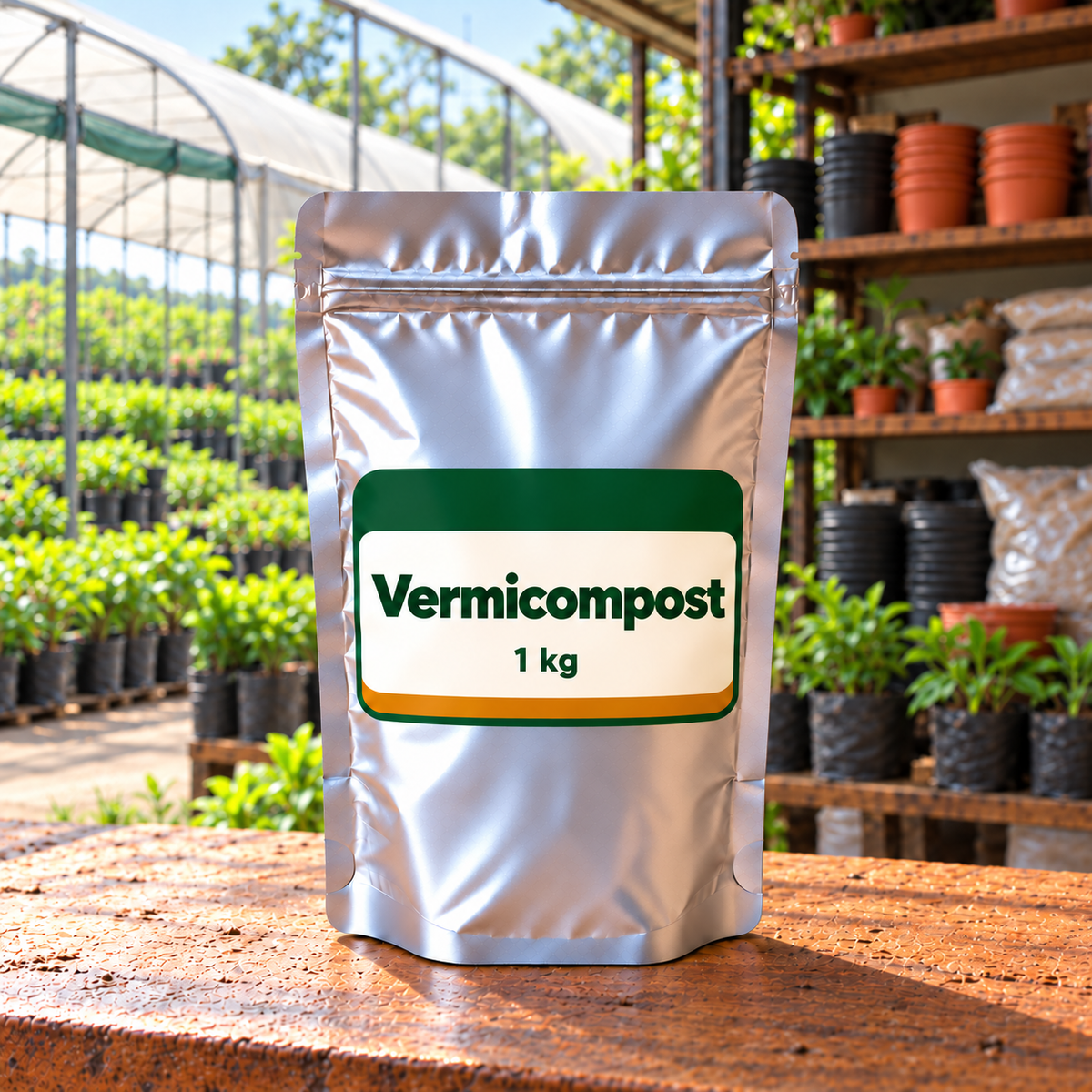 Vermicompost (वर्मी कम्पोस्ट) 1 kg silver pack front in nursery