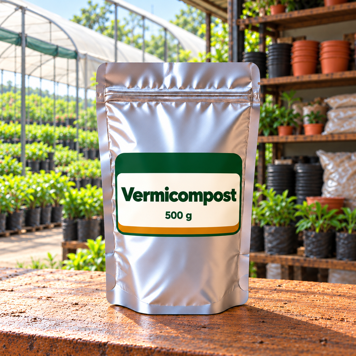 Vermicompost silver pouch front in local nursery