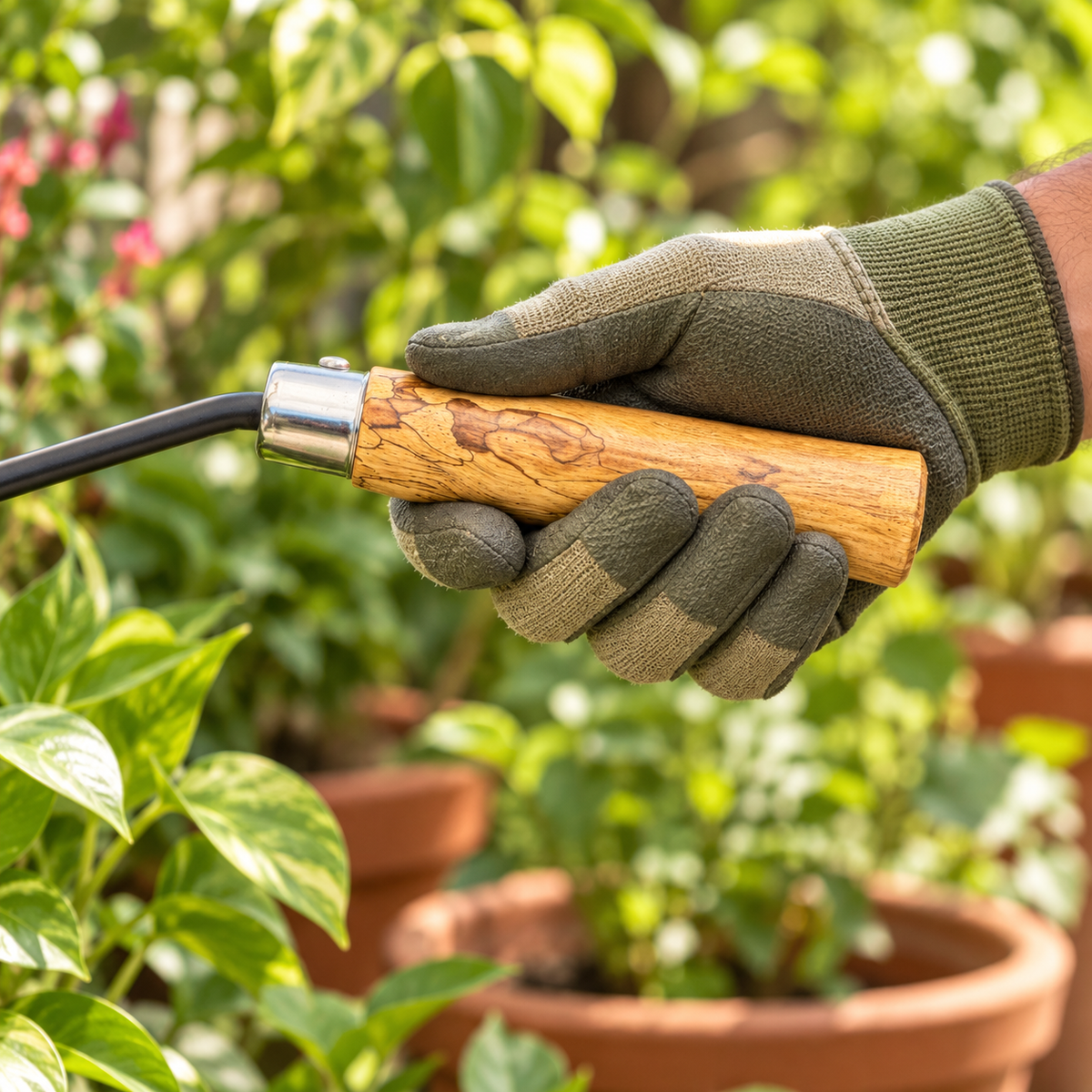 Weeder With Wooden Handle in a garden — detail