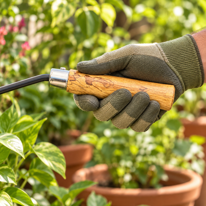 Weeder With Wooden Handle in a garden — detail